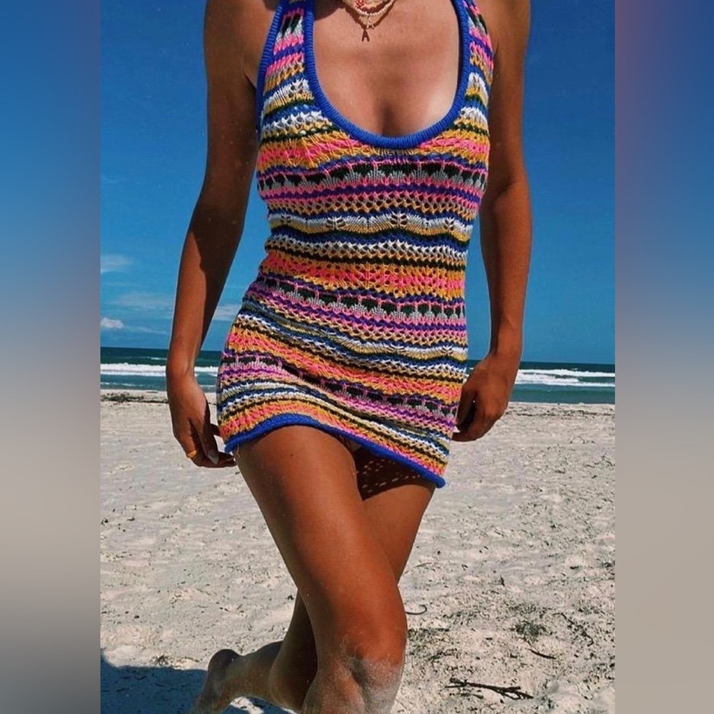 NWT THANNE Multicolor Striped Crochet Knit Unlined Halter Tie Mini Dress